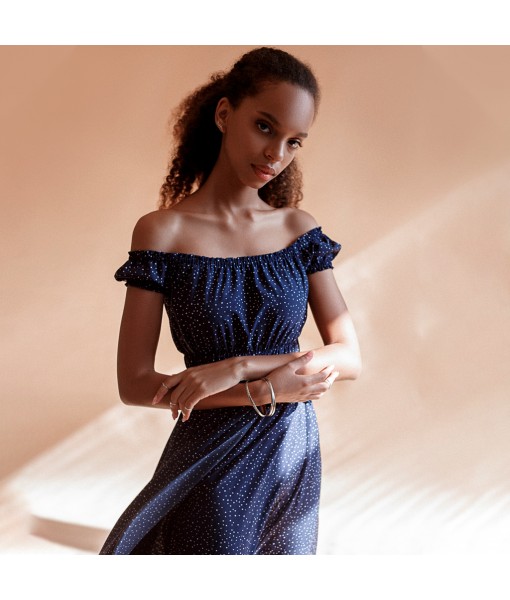 сукня зі спущеним плечем синя