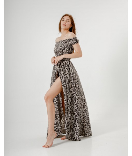 сукня в підлогу зі спущеним плечем принт зебра